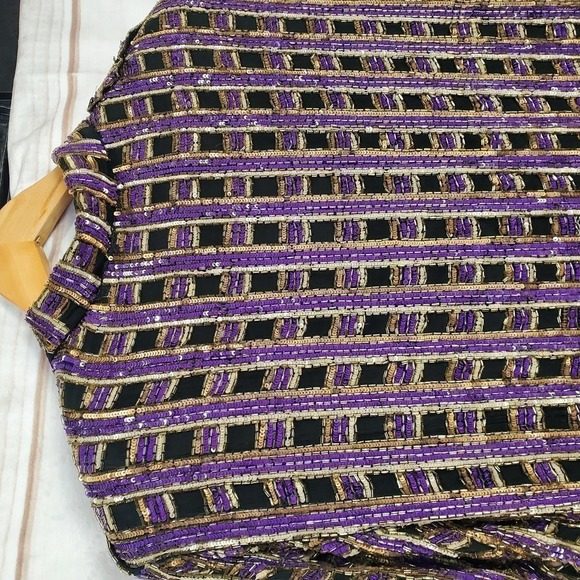 Vintage 80s Silk Beaded Sparkly Black Purple Button Down Blouse Size Medium - Picture 8 of 11